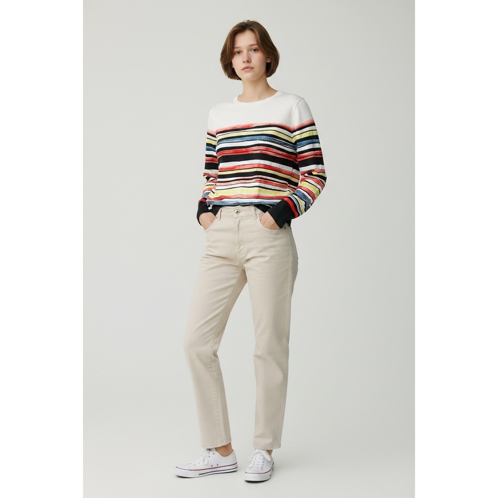 Paule‎ Ka Paris Womens Striped Long Sleeve Cotton Crew Neck Top Size Large